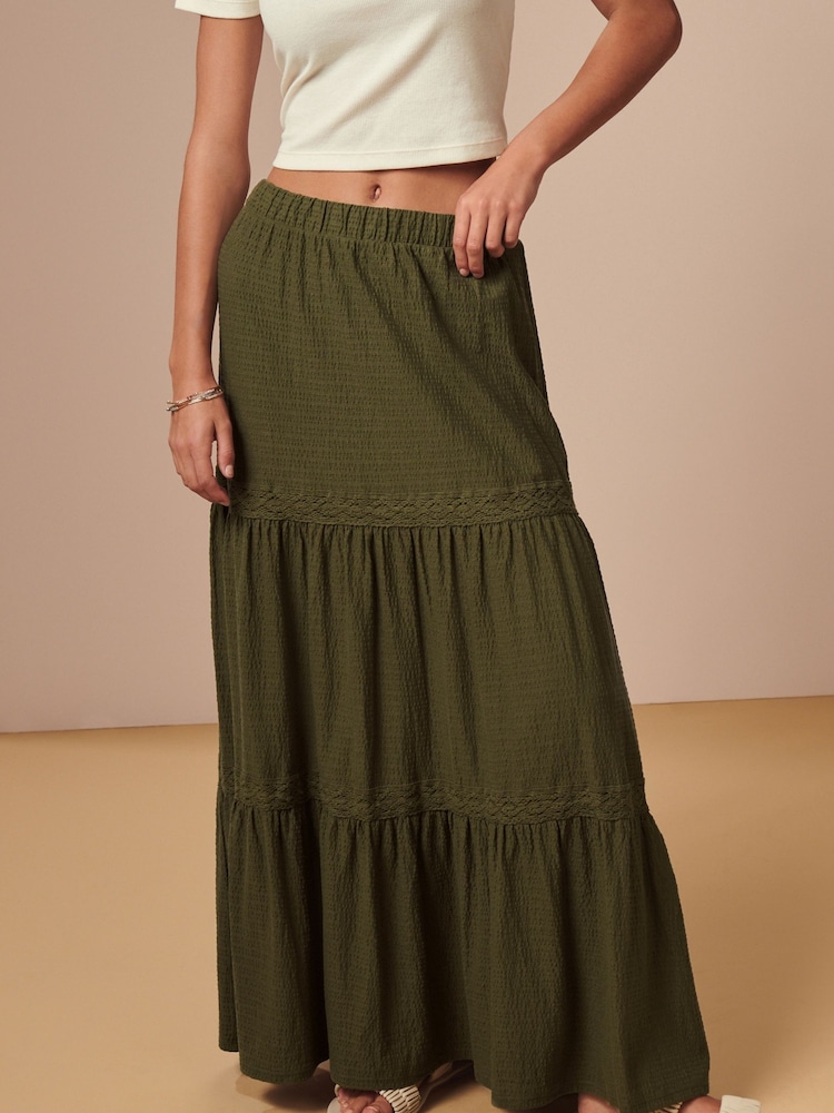 Khaki Green Textured 100% Cotton Maxi Skirt With Crochet Trim - Image 2 of 6