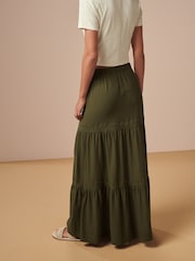 Khaki Green Textured 100% Cotton Maxi Skirt With Crochet Trim - Image 3 of 6