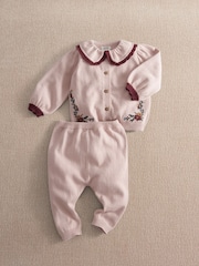 Mamas & Papas Pink Floral Embroidered Knitted Cardigan & Leggings Set - Image 1 of 3