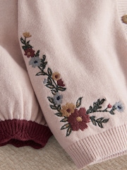 Mamas & Papas Pink Floral Embroidered Knitted Cardigan & Leggings Set - Image 3 of 3