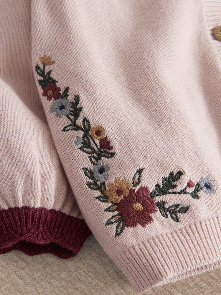 Mamas & Papas Pink Floral Embroidered Knitted Cardigan & Leggings Set - Image 3 of 3 Mamas & Papas Pink Floral Embroidered Knitted Cardigan & Leggings Set - Image 3 of 3