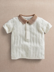 Mamas & Papas Cream Textured Knit Polo Shirt - Image 1 of 3