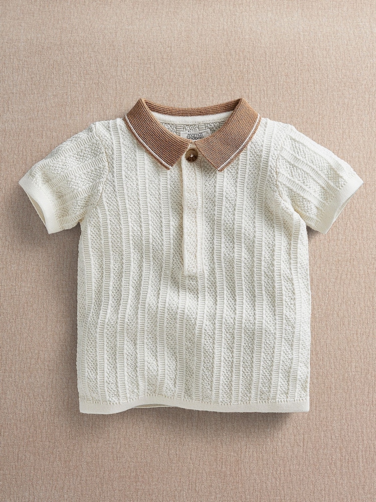 Mamas & Papas Cream Textured Knit Polo Shirt - Image 1 of 3 Mamas & Papas Cream Textured Knit Polo Shirt - Image 1 of 3