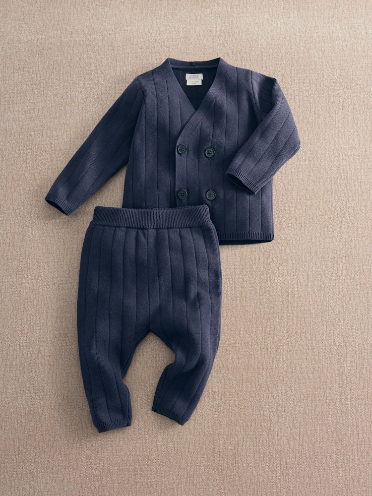 Mamas & Papas Blue Knitted Wrap Cardigan & Rib Trousers Set - Image 1 of 3 Mamas & Papas Blue Knitted Wrap Cardigan & Rib Trousers Set - Image 1 of 3