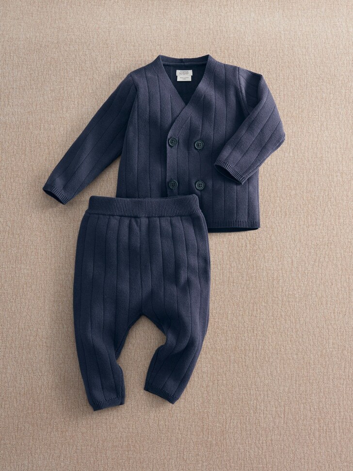 Mamas & Papas Blue Knitted Wrap Cardigan & Rib Trousers Set