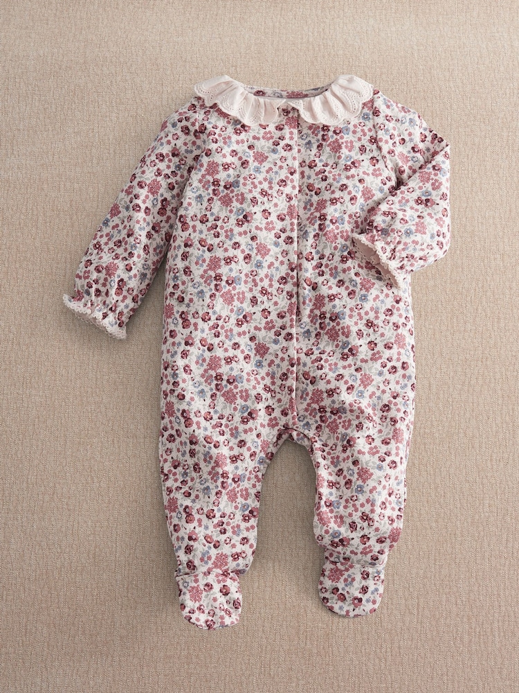 Mamas & Papas Pink Ditsy Floral Print Frill Sleepsuit - Image 1 of 3 Mamas & Papas Pink Ditsy Floral Print Frill Sleepsuit - Image 1 of 3