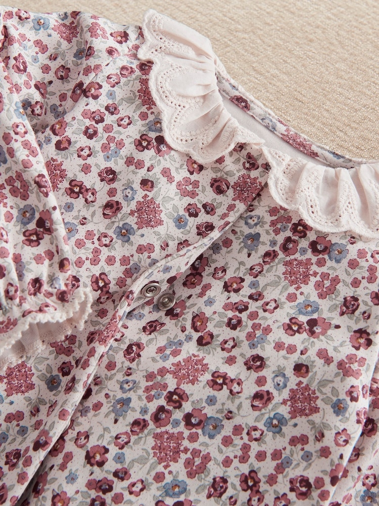 Mamas & Papas Pink Ditsy Floral Print Frill Sleepsuit - Image 2 of 3 Mamas & Papas Pink Ditsy Floral Print Frill Sleepsuit - Image 2 of 3