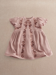 Mamas & Papas Pink Floral Embroidered Lace Trim Dress - Image 1 of 3