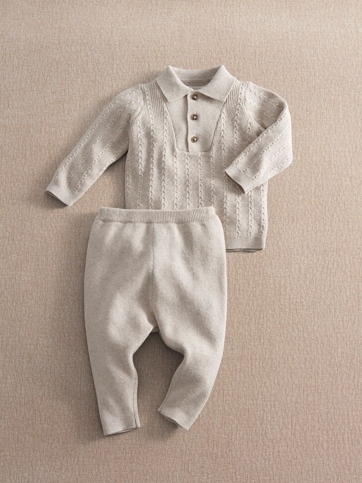 Mamas & Papas Cream Knitted Polo Collar Jumper & Rib Trousers Set