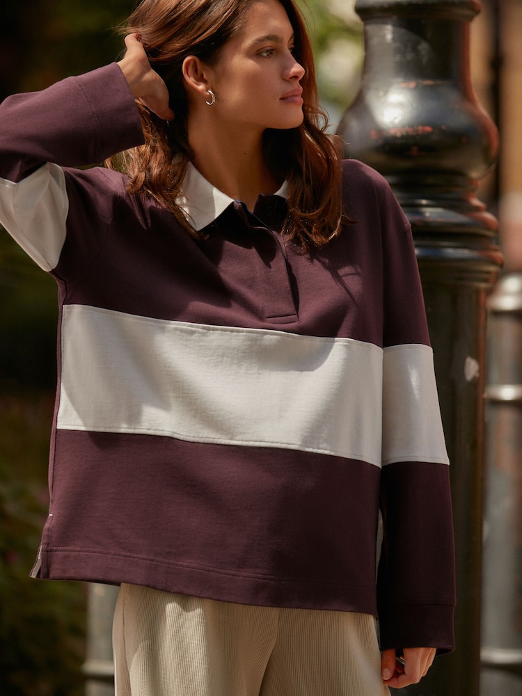 Purple/Ecru Stripe Button Down Rugby 100% Cotton Polo Shirt - Image 1 of 5