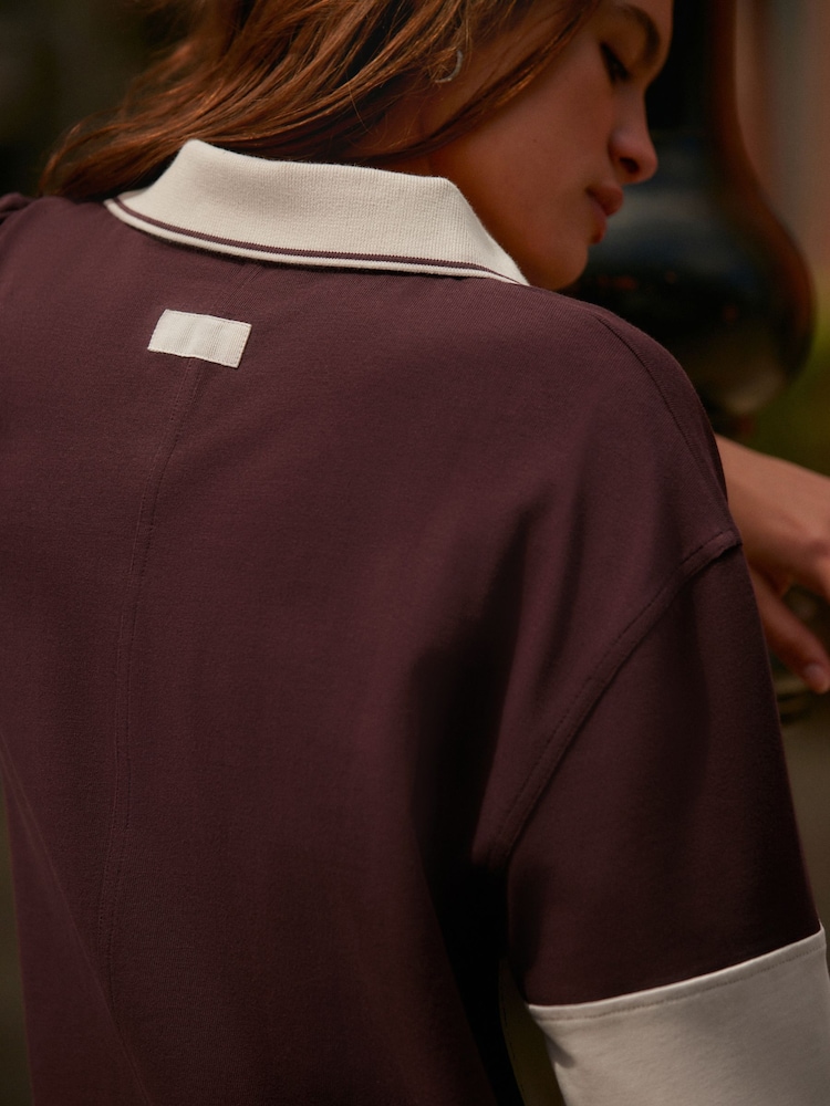 Purple/Ecru Stripe Button Down Rugby 100% Cotton Polo Shirt - Image 5 of 5