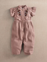 Mamas & Papas Pink Floral Embroidered Romper With Frill Sleeves - Image 1 of 3