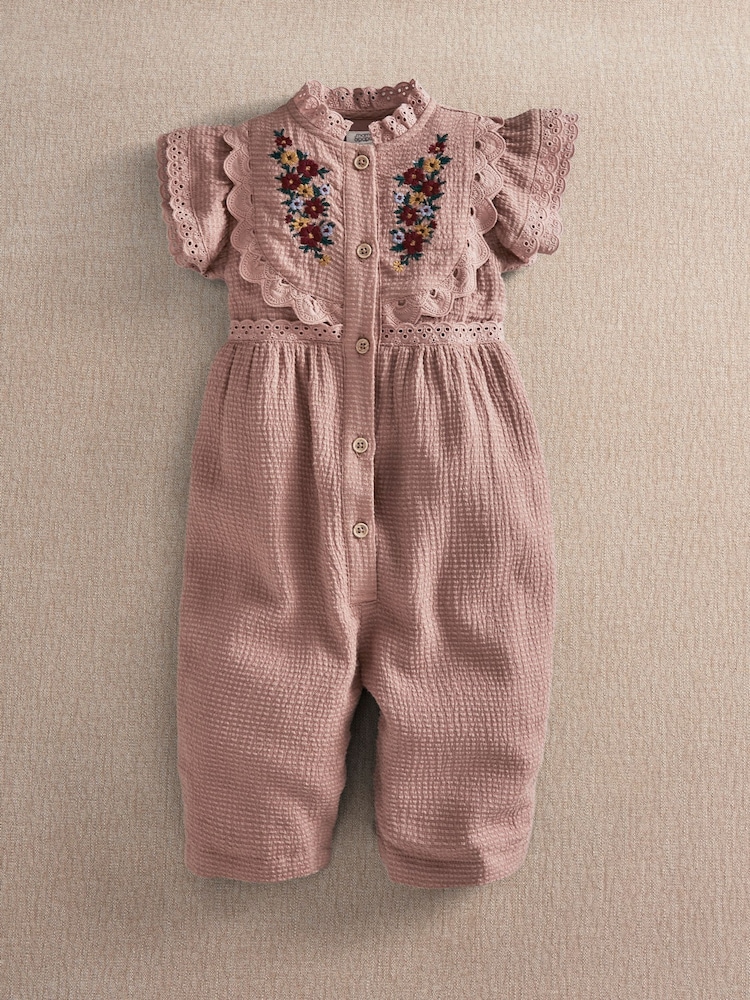 Mamas & Papas Pink Floral Embroidered Romper With Frill Sleeves - Image 1 of 3 Mamas & Papas Pink Floral Embroidered Romper With Frill Sleeves - Image 1 of 3