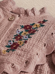 Mamas & Papas Pink Floral Embroidered Romper With Frill Sleeves - Image 2 of 3