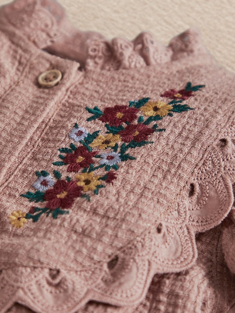 Mamas & Papas Pink Floral Embroidered Romper With Frill Sleeves - Image 2 of 3 Mamas & Papas Pink Floral Embroidered Romper With Frill Sleeves - Image 2 of 3
