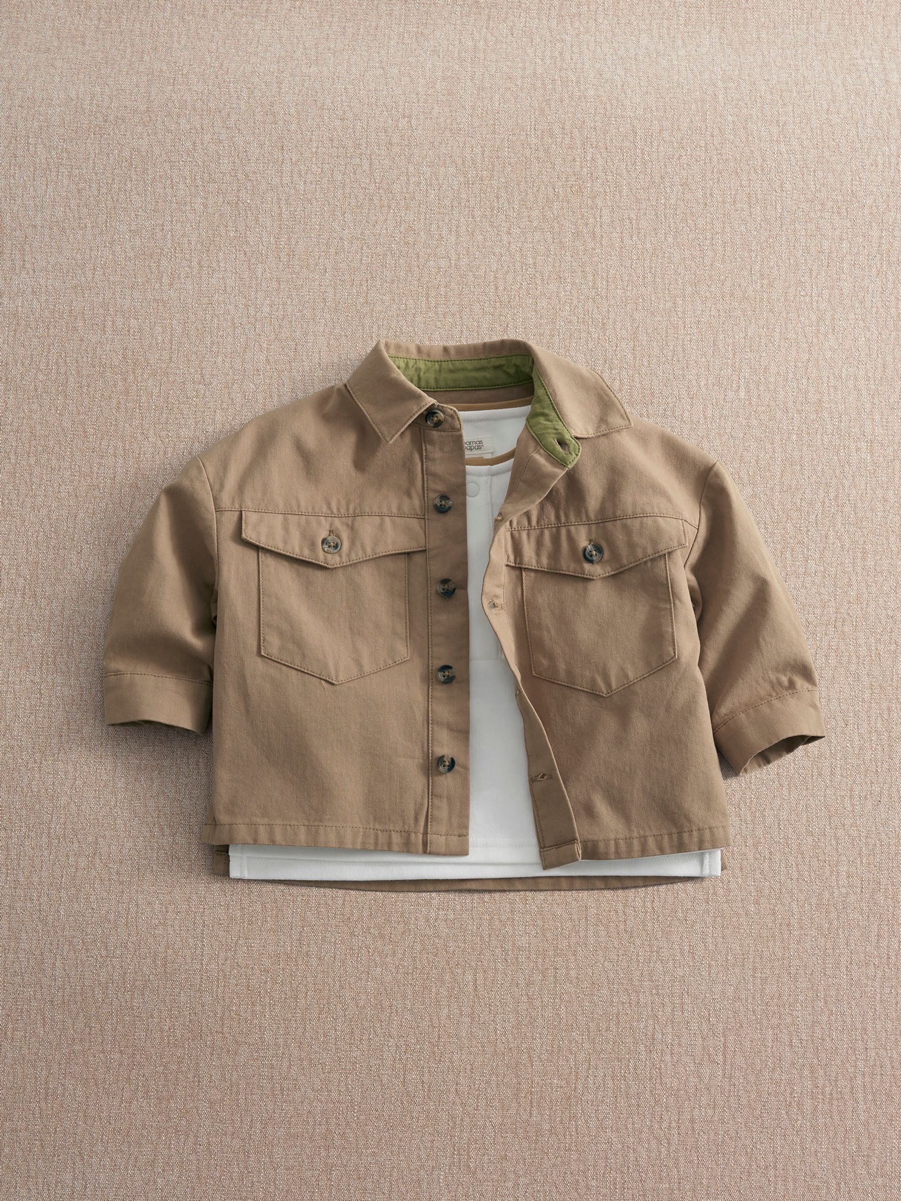 Mamas & Papas Brown Twill Jacket & Collar T-Shirt view 1