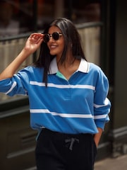 Blue/White Stripe Button Down Rugby 100% Cotton Polo Shirt - Image 3 of 7