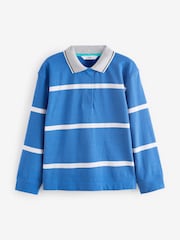 Blue/White Stripe Button Down Rugby 100% Cotton Polo Shirt - Image 6 of 7