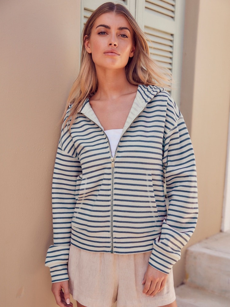 Navy & Ecru Stripe Lightweight Summer Zip Through Hoodie - Image 1 of 5