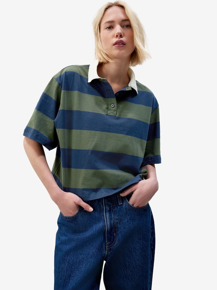 Green/Navy Stripe 100% Cotton Stripe Rugby Polo Shirt - Image 1 of 8