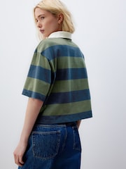 Green/Navy Stripe 100% Cotton Stripe Rugby Polo Shirt - Image 2 of 8