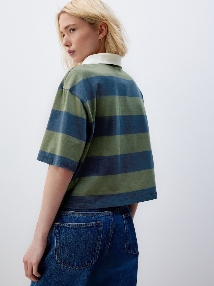 Green/Navy Stripe 100% Cotton Stripe Rugby Polo Shirt - Image 2 of 8 Green/Navy Stripe 100% Cotton Stripe Rugby Polo Shirt - Image 2 of 8