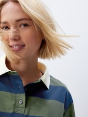 Green/Navy Stripe 100% Cotton Stripe Rugby Polo Shirt - Image 4 of 8