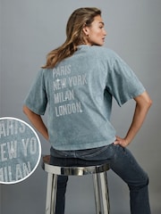 Denim Blue 100% Cotton Short Sleeve Washed Embellished Graphic T-Shirt - Image 1 of 6