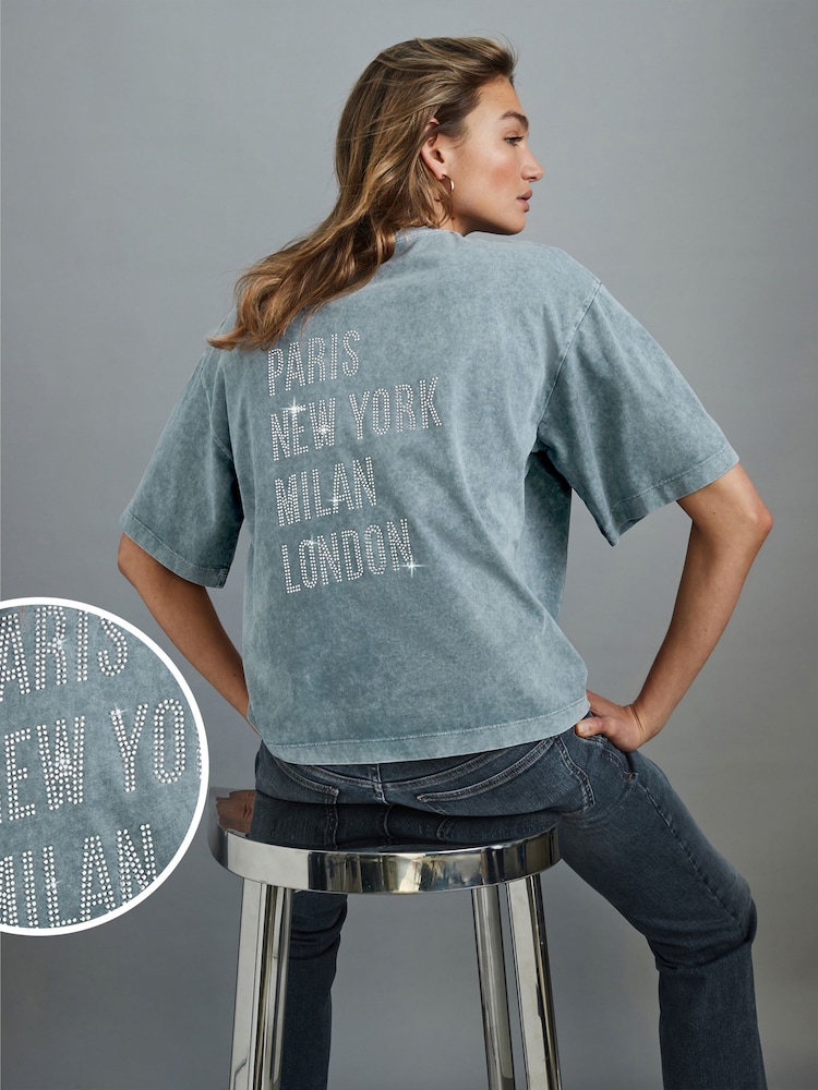 Denim Blue 100% Cotton Short Sleeve Washed Embellished Graphic T-Shirt - Image 1 of 6