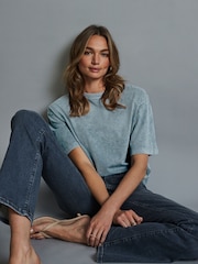 Denim Blue 100% Cotton Short Sleeve Washed Embellished Graphic T-Shirt - Image 3 of 6