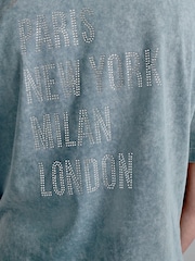 Denim Blue 100% Cotton Short Sleeve Washed Embellished Graphic T-Shirt - Image 4 of 6