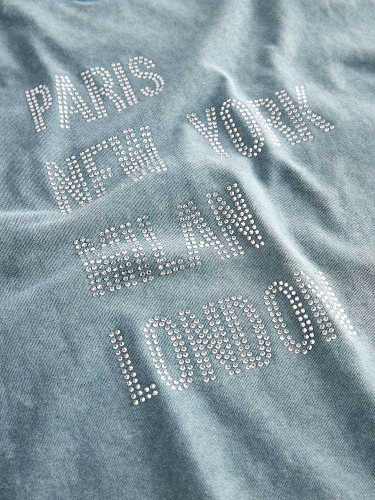 Denim Blue 100% Cotton Short Sleeve Washed Embellished Graphic T-Shirt - Image 6 of 6