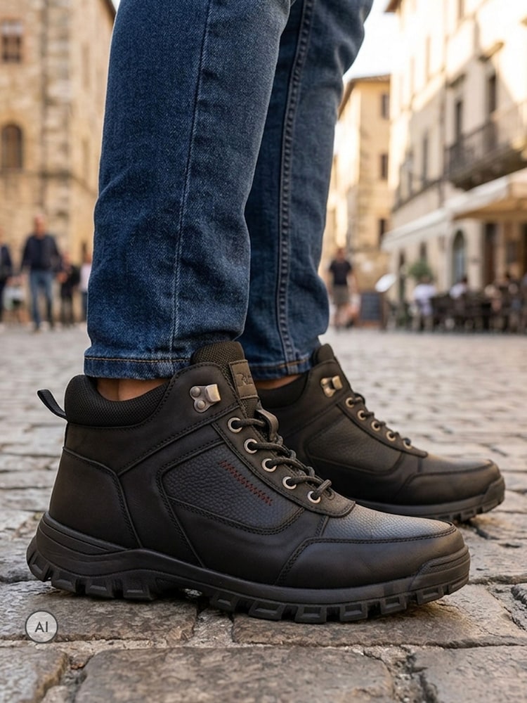 Pavers Black Wide Fit Leather Lace Up Rugged Boots - Image 1 of 6