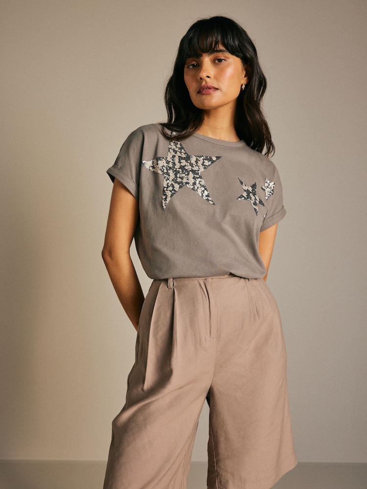 Gris - Camiseta de algodón 100 % con estrellas de lentejuelas brillantes - Imagen 1 de 6 Gris - Camiseta de algodón 100 % con estrellas de lentejuelas brillantes - Imagen 1 de 6