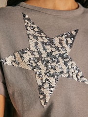 Grey 100% Cotton Sparkle Sequin Star T-Shirt - Image 4 of 6