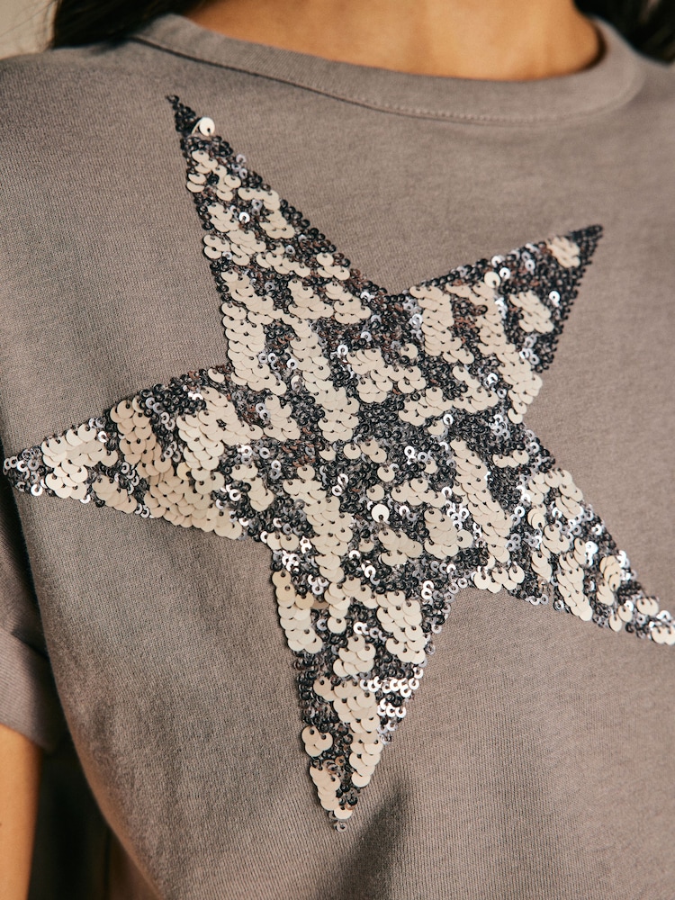 Grey 100% Cotton Sparkle Sequin Star T-Shirt - Image 4 of 6