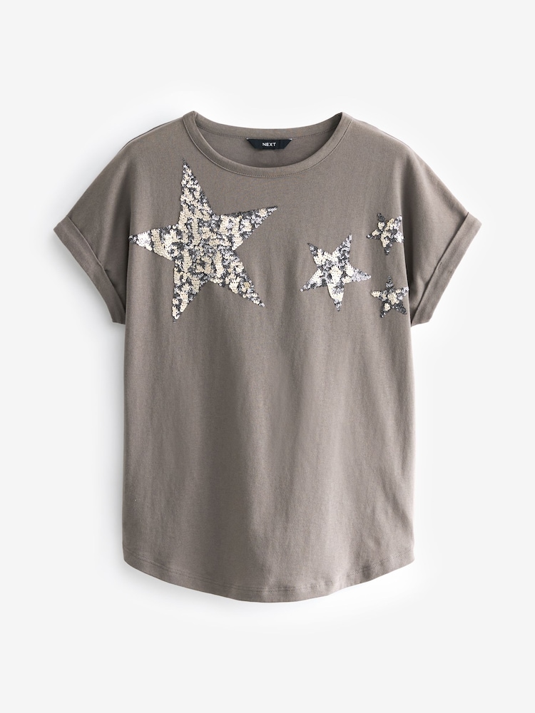 Grey 100% Cotton Sparkle Sequin Star T-Shirt - Image 5 of 6