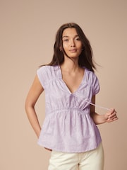 Lilac Purple 100% Cotton Broderie V-Neck Lace Detail Short Sleeve Top - Image 2 of 5
