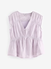 Lilac Purple 100% Cotton Broderie V-Neck Lace Detail Short Sleeve Top - Image 4 of 5