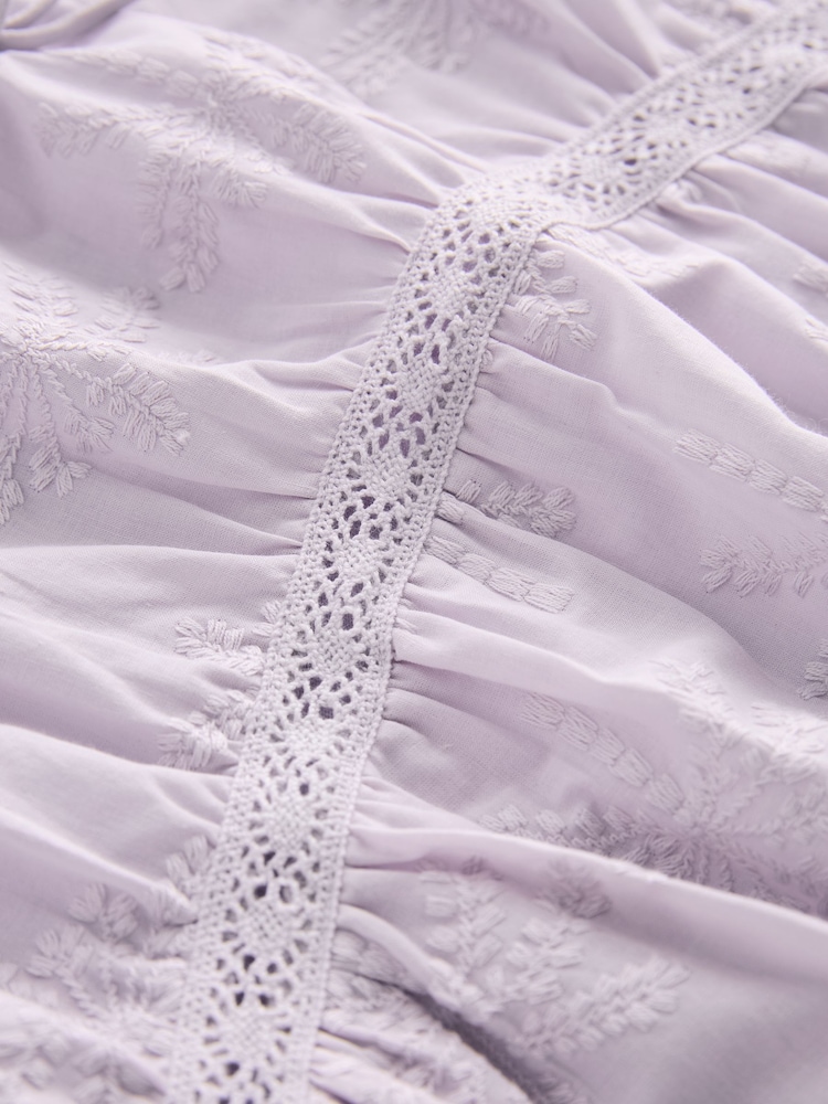 Lilac Purple 100% Cotton Broderie V-Neck Lace Detail Short Sleeve Top - Image 5 of 5