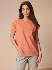 Peach Orange Linen Blend Summer Front Pocket 100% Cotton Top - Image 1 of 7