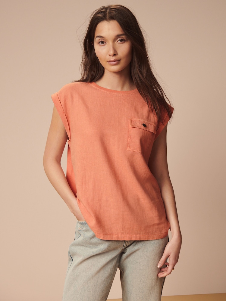 Peach Orange Linen Blend Summer Front Pocket 100% Cotton Top - Image 1 of 7