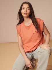 Peach Orange Linen Blend Summer Front Pocket 100% Cotton Top - Image 2 of 7