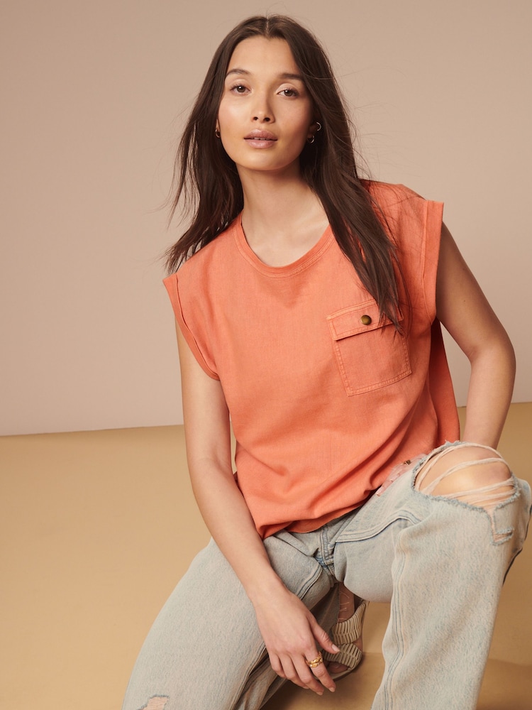 Peach Orange Linen Blend Summer Front Pocket 100% Cotton Top - Image 2 of 7