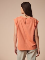 Peach Orange Linen Blend Summer Front Pocket 100% Cotton Top - Image 3 of 7