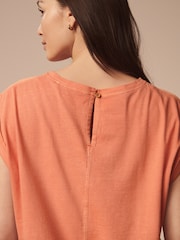 Peach Orange Linen Blend Summer Front Pocket 100% Cotton Top - Image 4 of 7