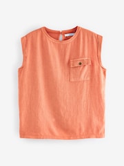Peach Orange Linen Blend Summer Front Pocket 100% Cotton Top - Image 6 of 7