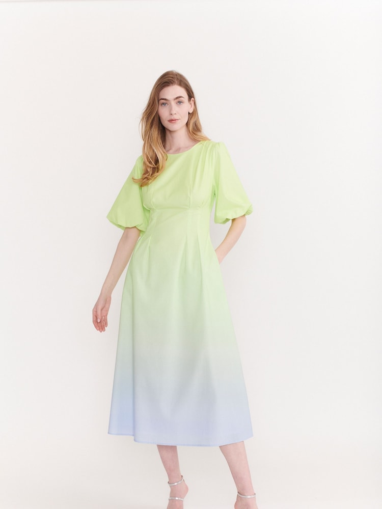 Olivia Rubin Green Lorena Ombre Puff Sleeve Midi Dress - Image 1 of 5