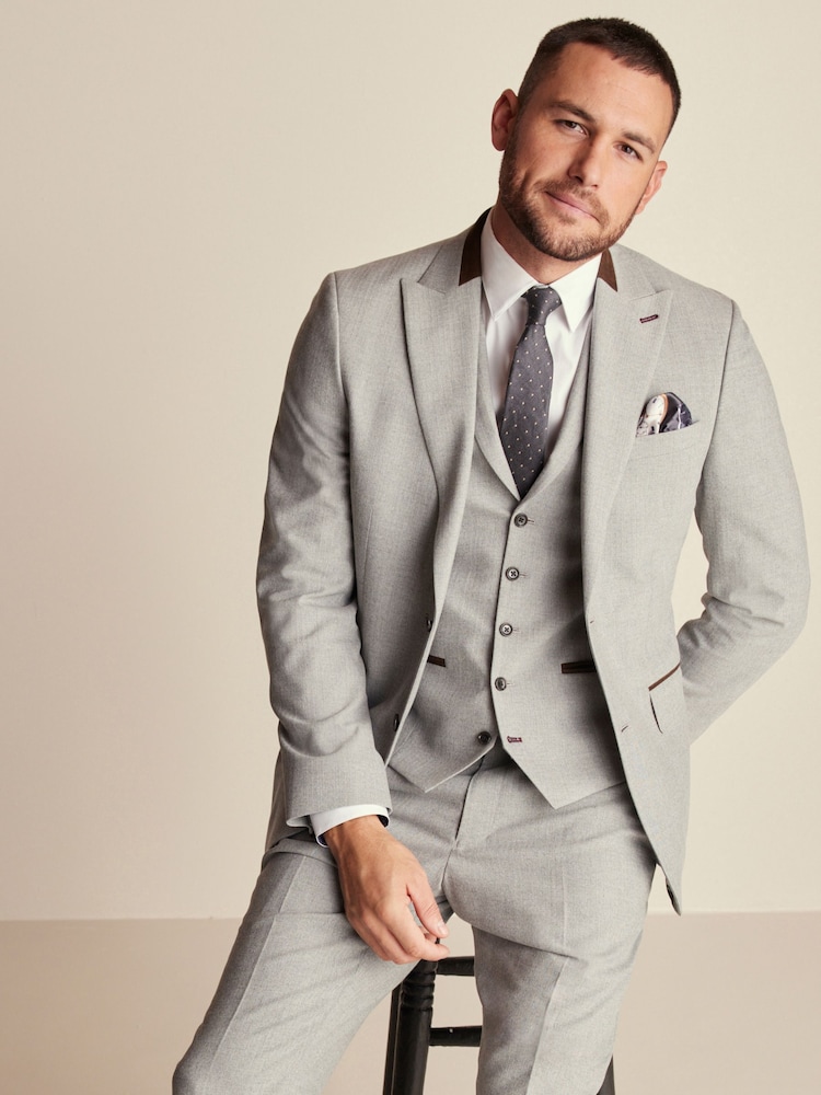 Grey Slim Fit Herringbone Suit Jacket - Image 1 of 11