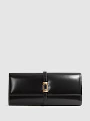 Reiss Black Regent High-Shine Leather Clutch Bag - Image 1 of 5